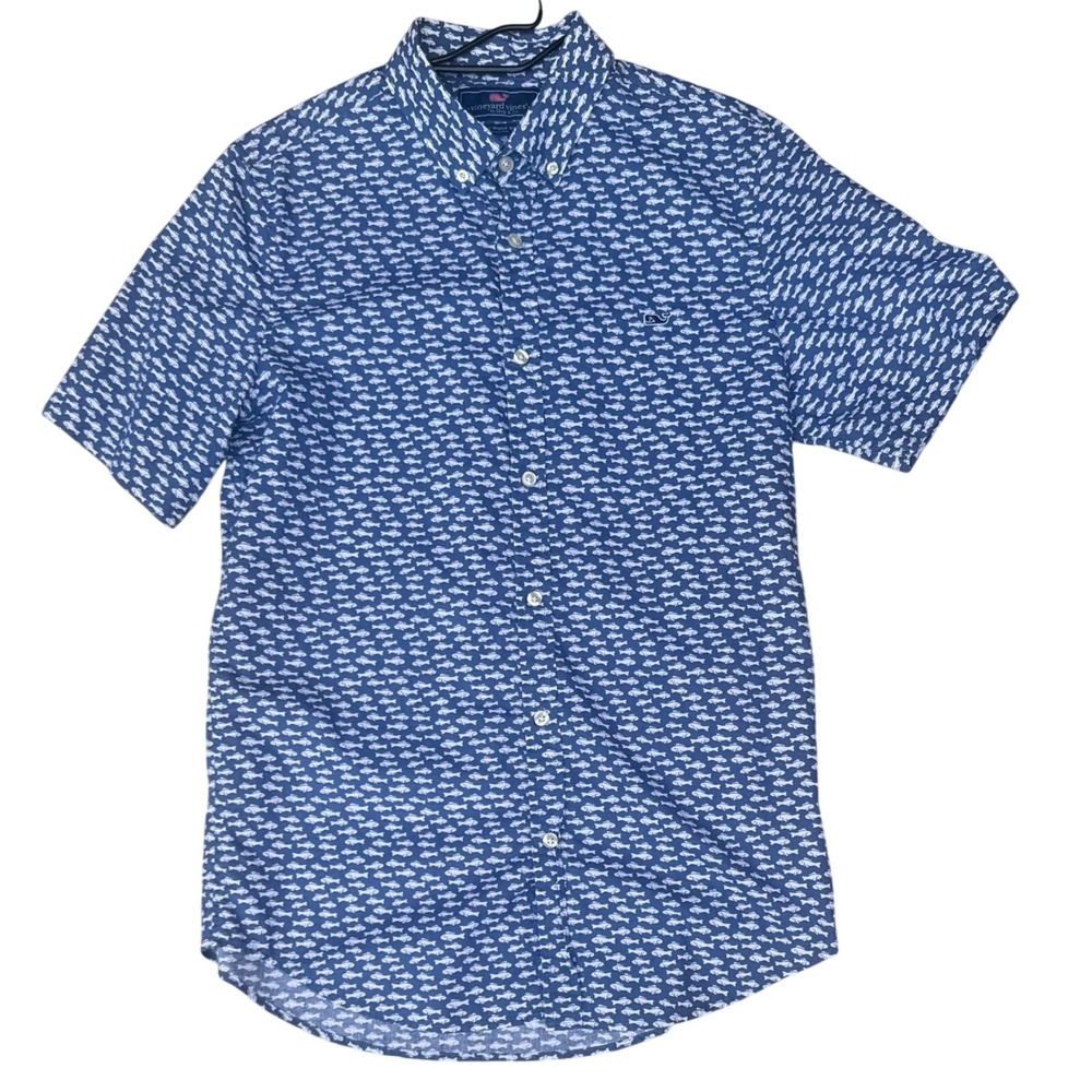 Vineyard Vines Mens Slim Fit short sleeve Whale Print Shirt Blue Cotton Medium